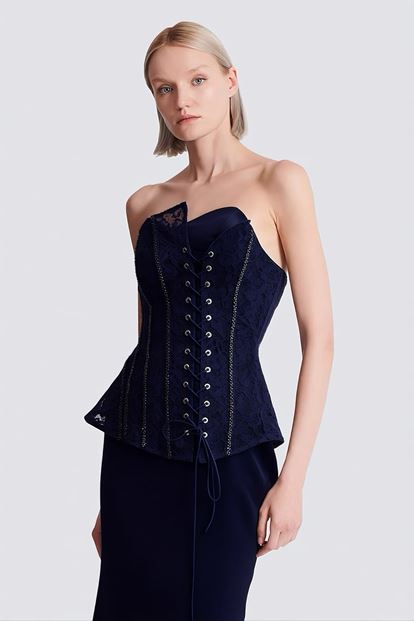 Lacivert Bağcıklı Korse Detaylı Abiye Elbise